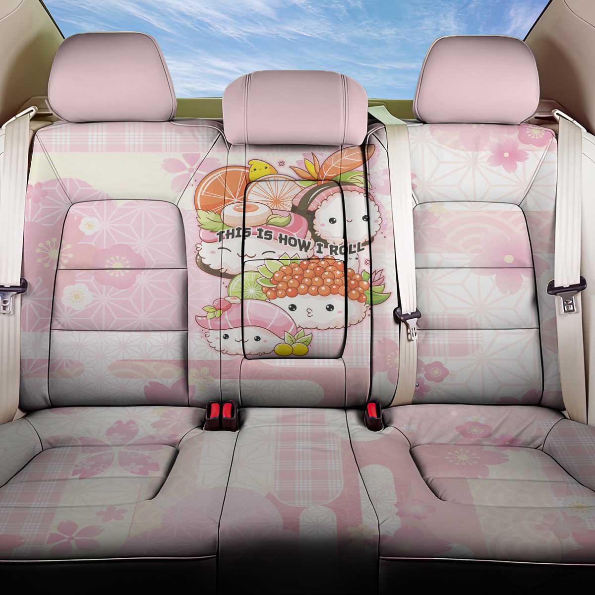 Japanese Kawaii Sushi Back Car Seat Cover Pink Wagara Palaka This Is How I Roll LT9 One Size Pink - Polynesian Pride