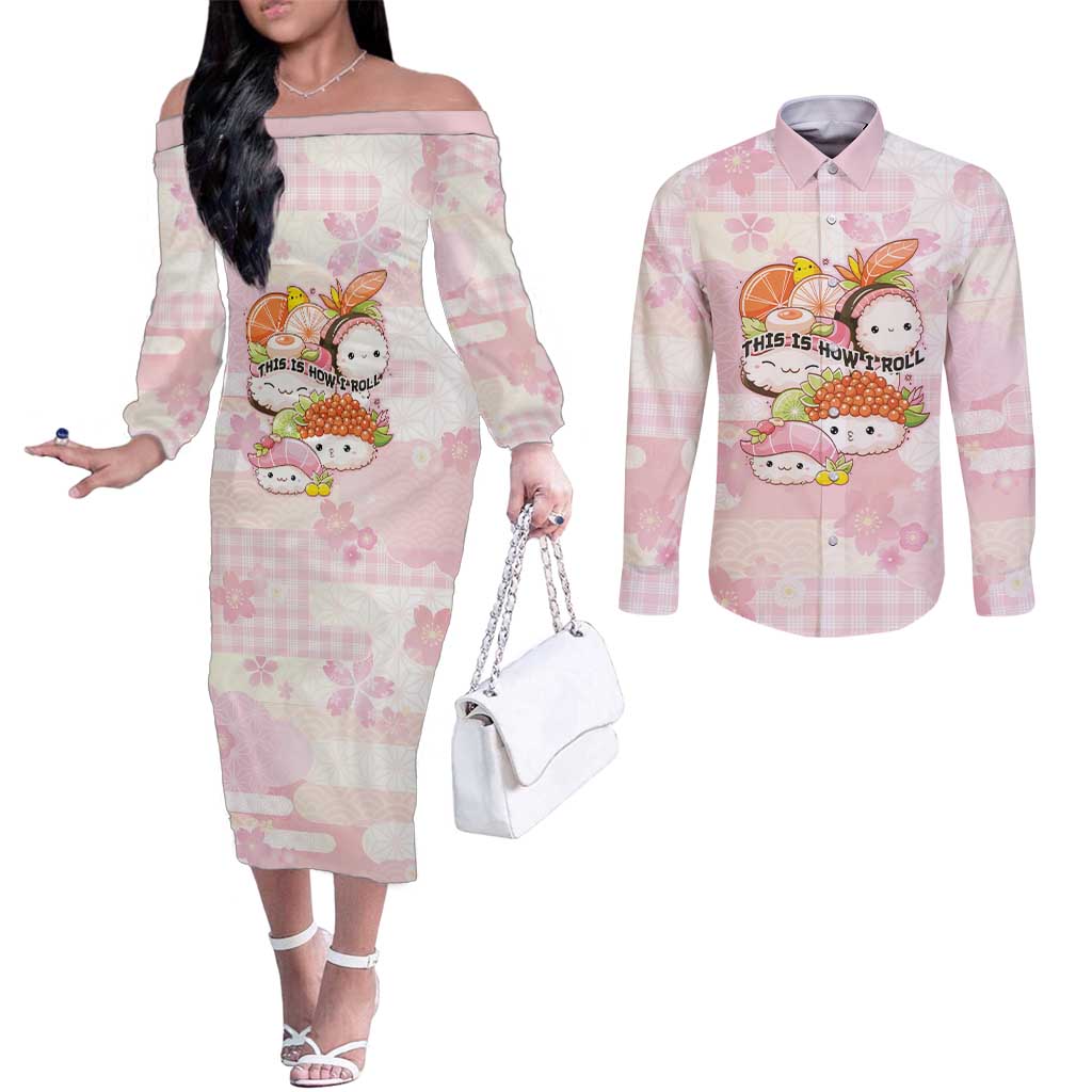 Personalized Japanese Kawaii Sushi Couples Matching Off The Shoulder Long Sleeve Dress and Long Sleeve Button Shirt Pink Wagara Palaka This Is How I Roll LT9 Pink - Polynesian Pride