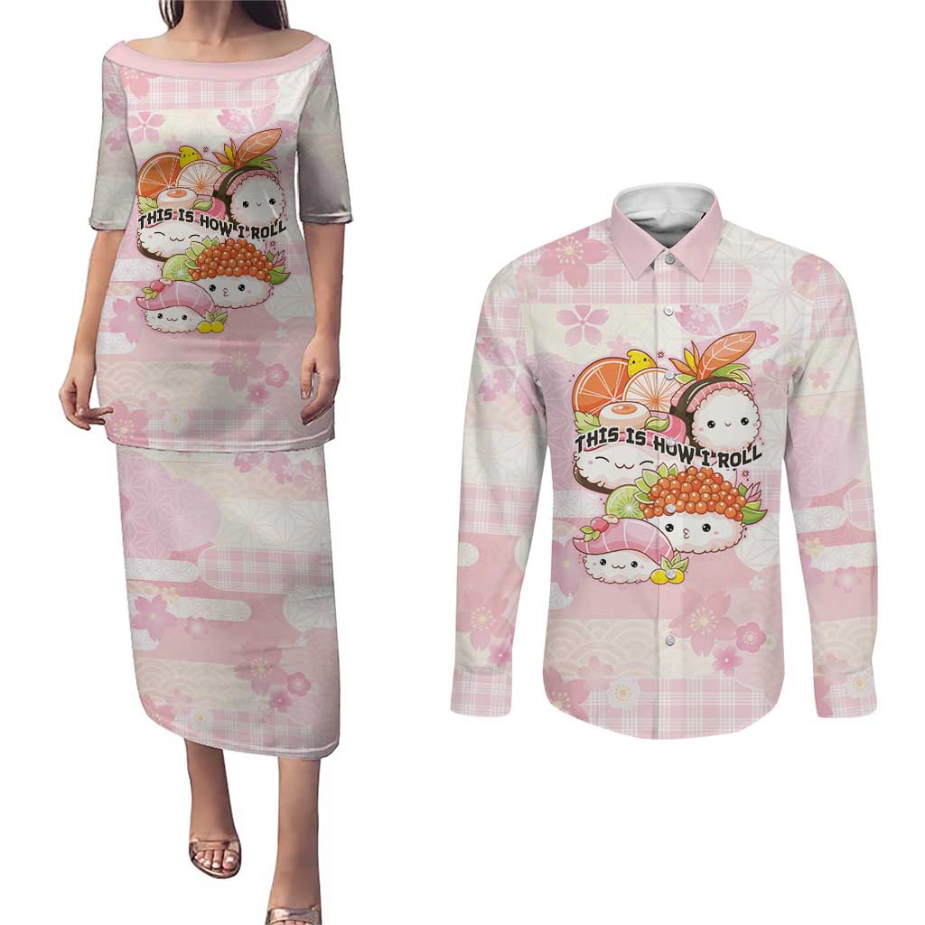 Personalized Japanese Kawaii Sushi Couples Matching Puletasi and Long Sleeve Button Shirt Pink Wagara Palaka This Is How I Roll LT9 Pink - Polynesian Pride