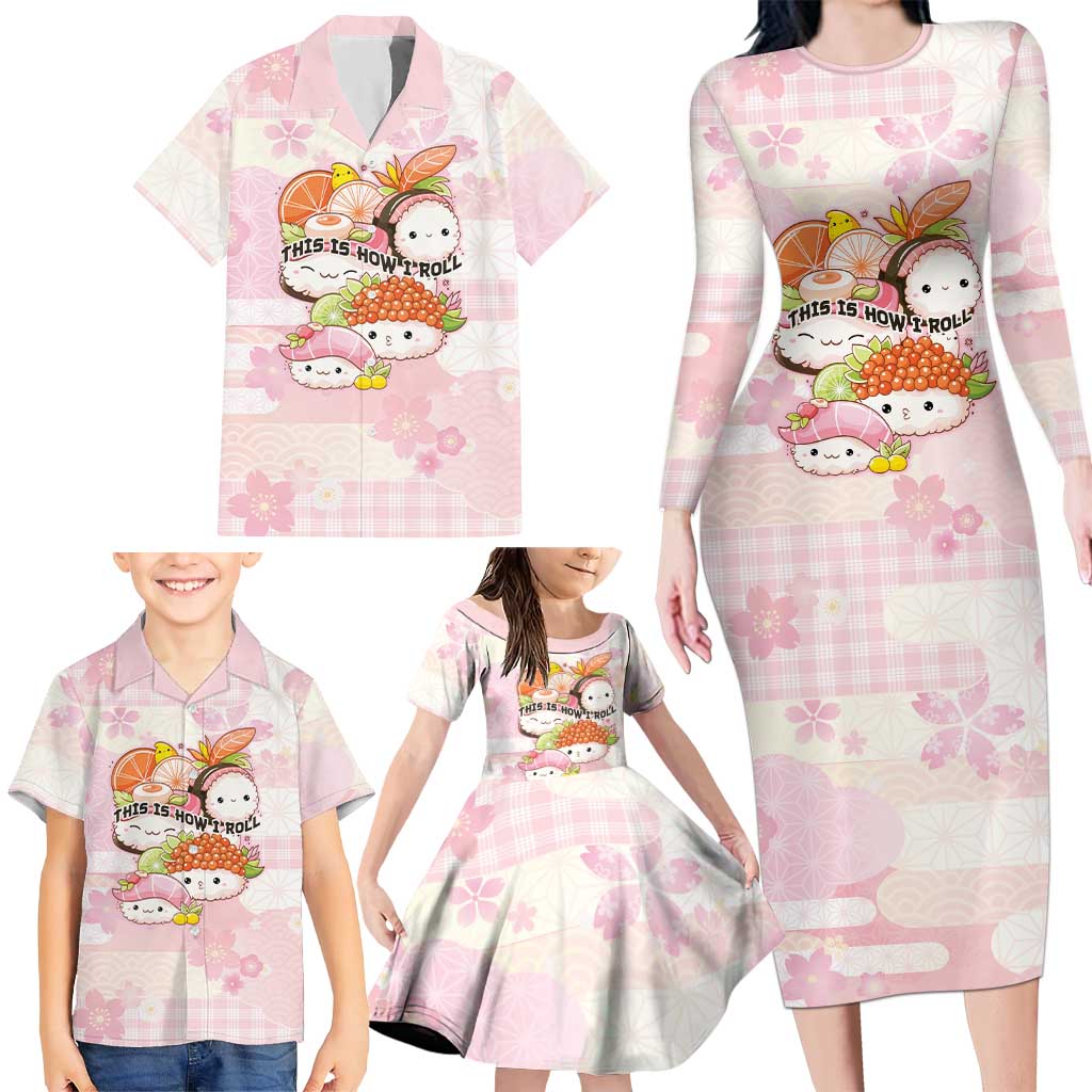 Personalized Japanese Kawaii Sushi Family Matching Long Sleeve Bodycon Dress and Hawaiian Shirt Pink Wagara Palaka This Is How I Roll
