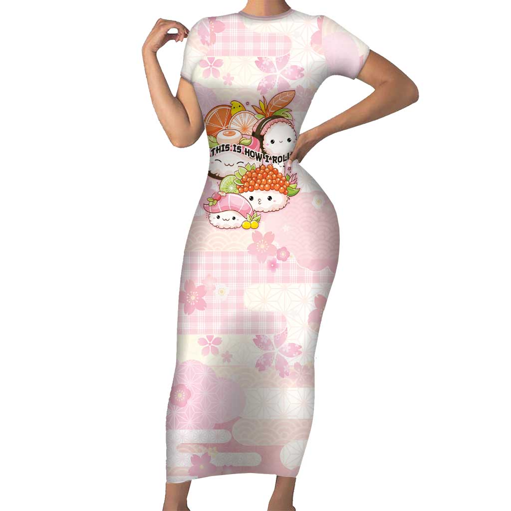 Personalized Japanese Kawaii Sushi Family Matching Short Sleeve Bodycon Dress and Hawaiian Shirt Pink Wagara Palaka This Is How I Roll