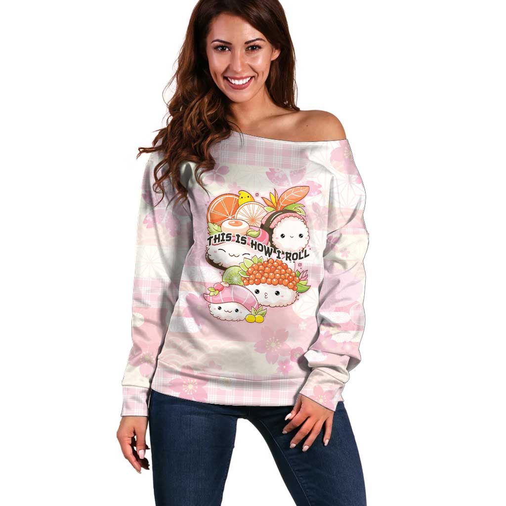 Personalized Japanese Kawaii Sushi Off Shoulder Sweater Pink Wagara Palaka This Is How I Roll