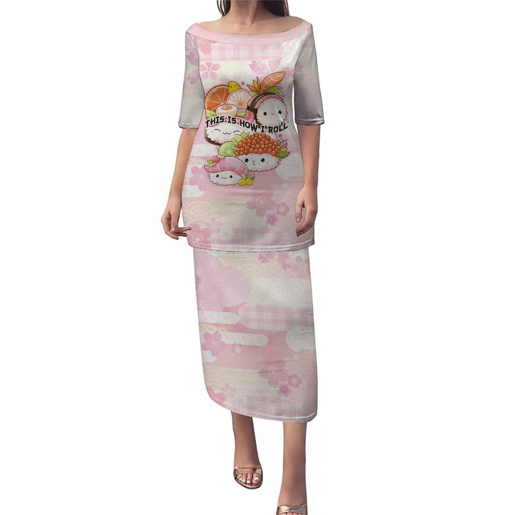 Personalized Japanese Kawaii Sushi Puletasi Pink Wagara Palaka This Is How I Roll LT9 Long Dress Pink - Polynesian Pride