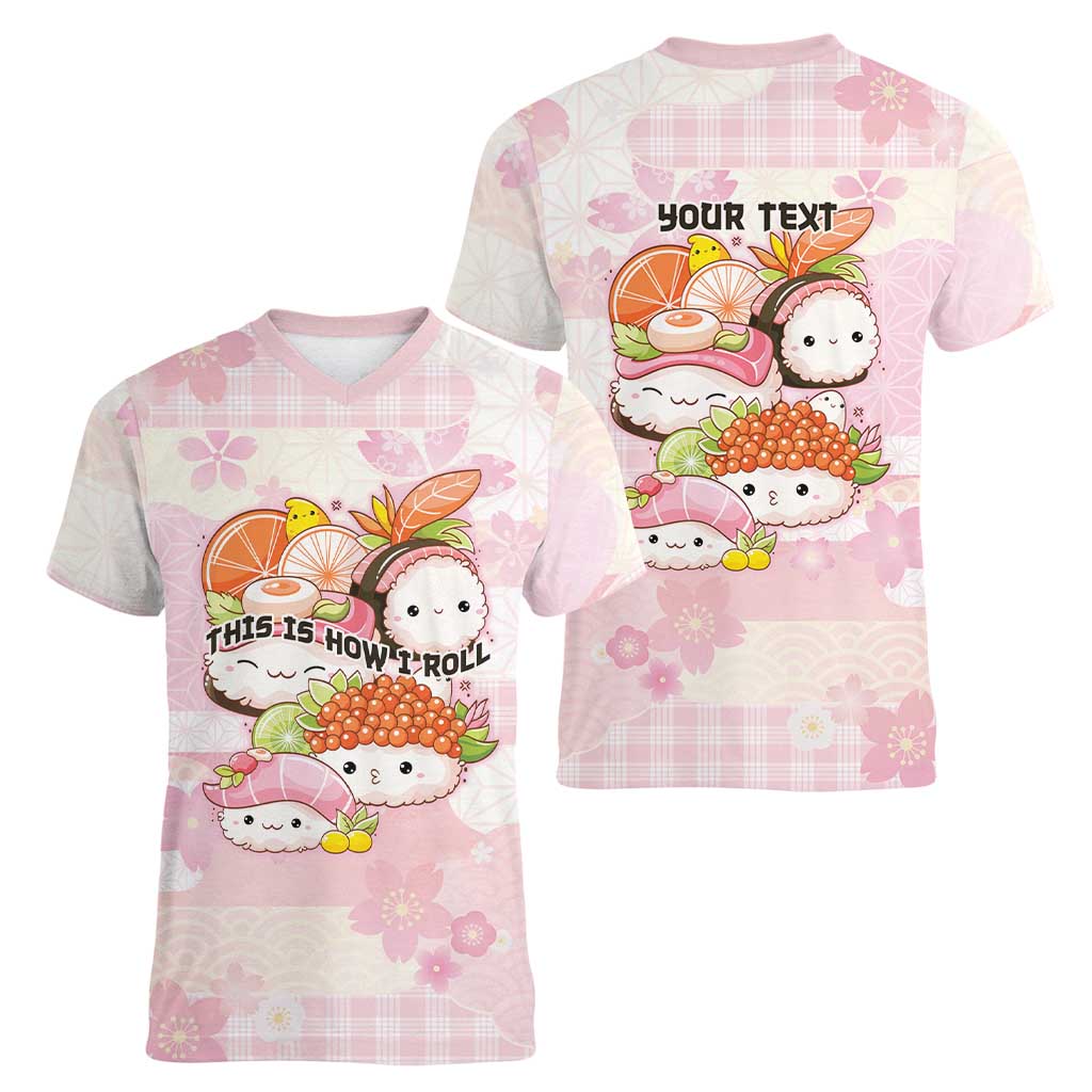 Personalized Japanese Kawaii Sushi Women V-Neck T-Shirt Pink Wagara Palaka This Is How I Roll LT9 - Polynesian Pride