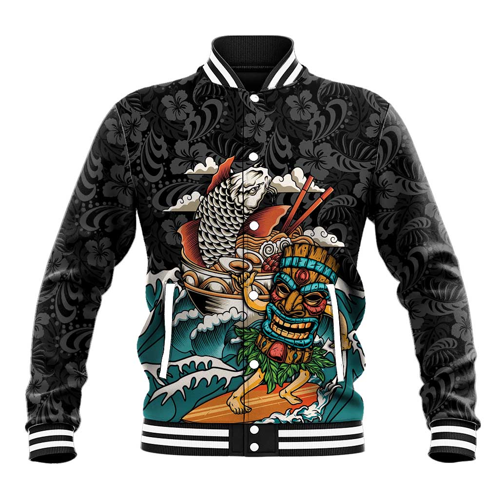 Personalized Japanese Koi Fish Ramen Baseball Jacket Tiki Surfing Wagara Hibiscus Pattern