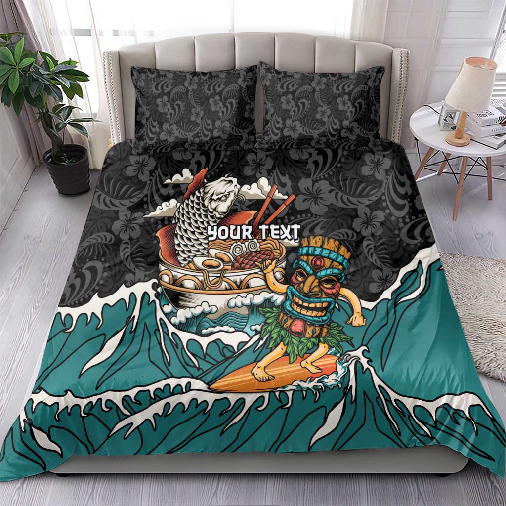 Personalized Japanese Koi Fish Ramen Bedding Set Tiki Surfing Wagara Hibiscus Pattern