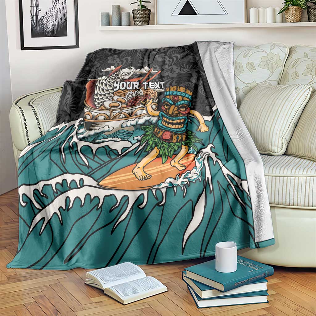 Personalized Japanese Koi Fish Ramen Blanket Tiki Surfing Wagara Hibiscus Pattern