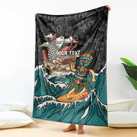 Personalized Japanese Koi Fish Ramen Blanket Tiki Surfing Wagara Hibiscus Pattern