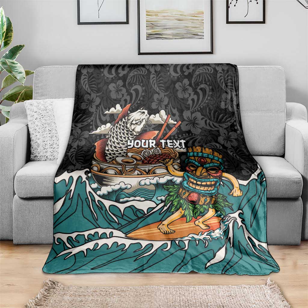 Personalized Japanese Koi Fish Ramen Blanket Tiki Surfing Wagara Hibiscus Pattern