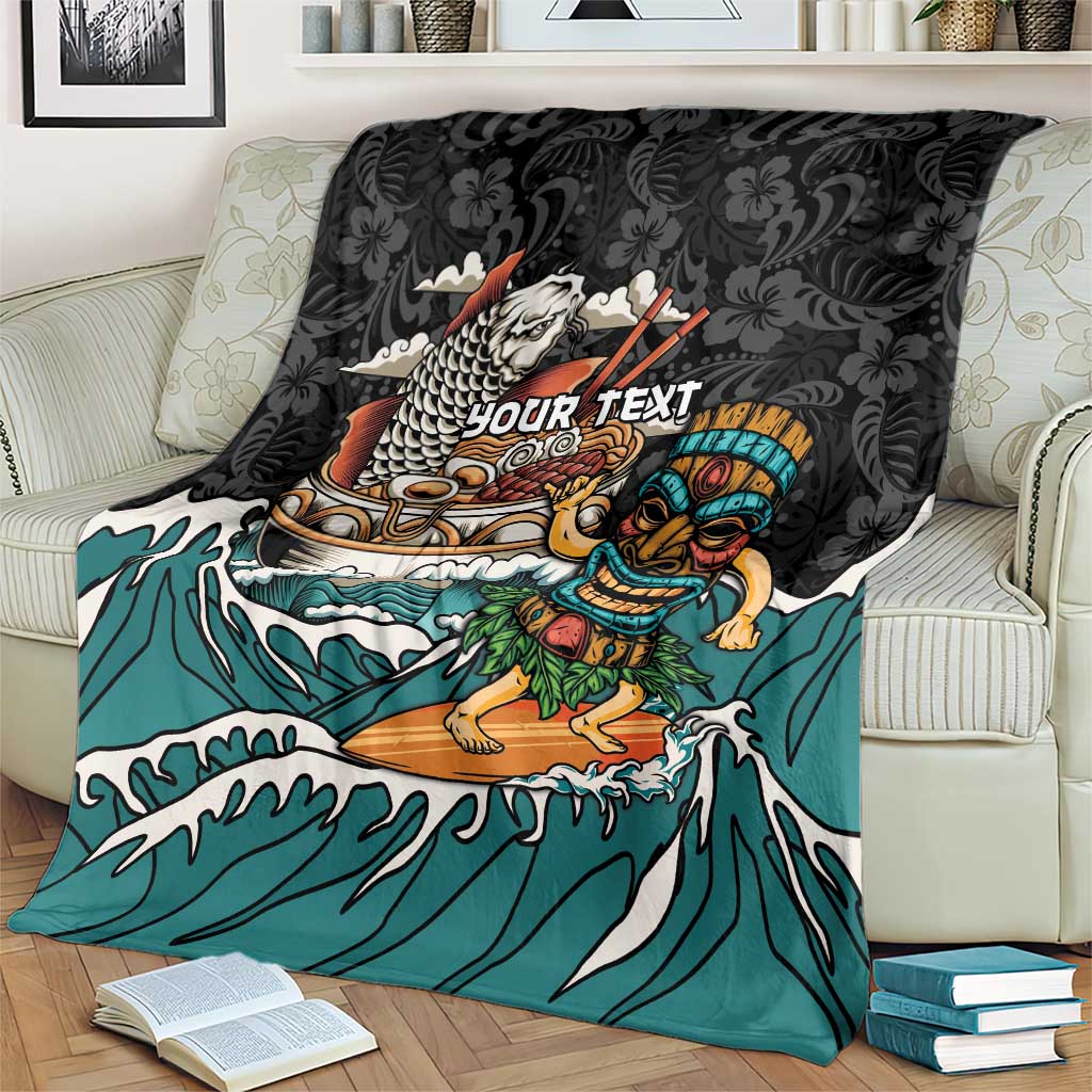 Personalized Japanese Koi Fish Ramen Blanket Tiki Surfing Wagara Hibiscus Pattern