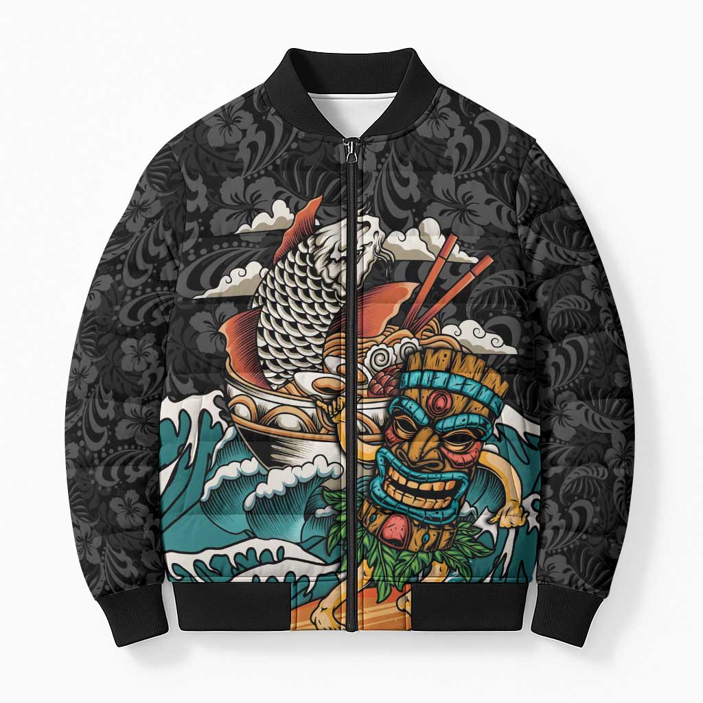 Personalized Japanese Koi Fish Ramen Bomber Puffer Jacket Tiki Surfing Wagara Hibiscus Pattern LT9 Unisex Black - Polynesian Pride