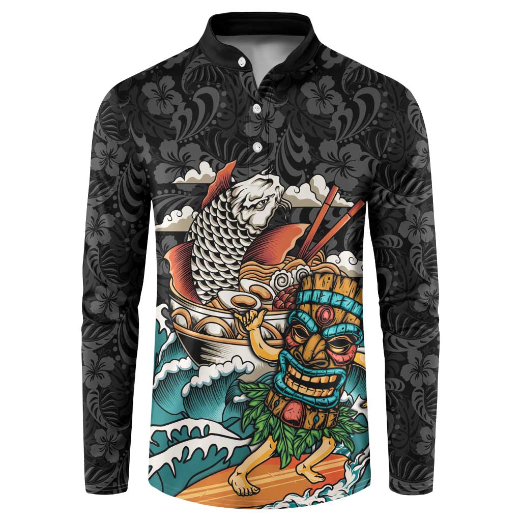 Personalized Japanese Koi Fish Ramen Button Sweatshirt Tiki Surfing Wagara Hibiscus Pattern LT9 Black - Polynesian Pride