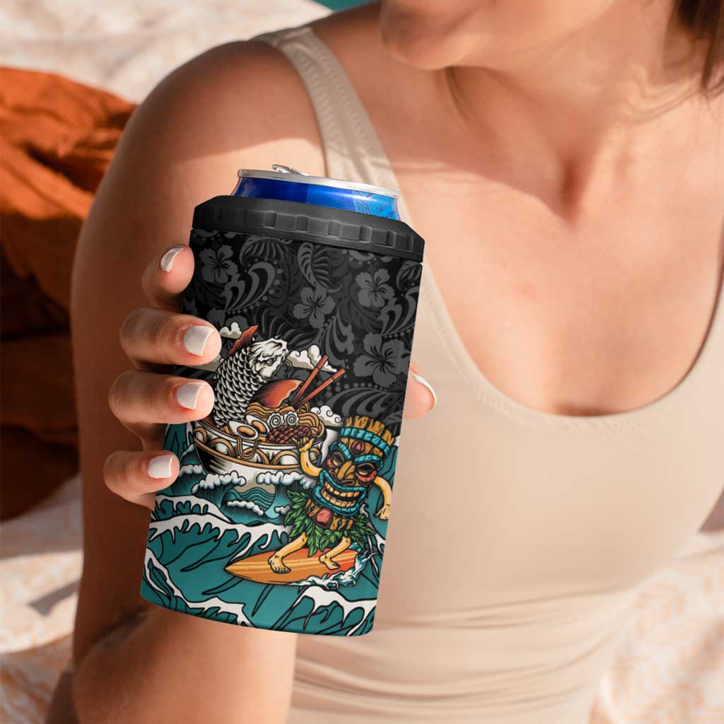 Personalized Japanese Koi Fish Ramen 4 in 1 Can Cooler Tumbler Tiki Surfing Wagara Hibiscus Pattern