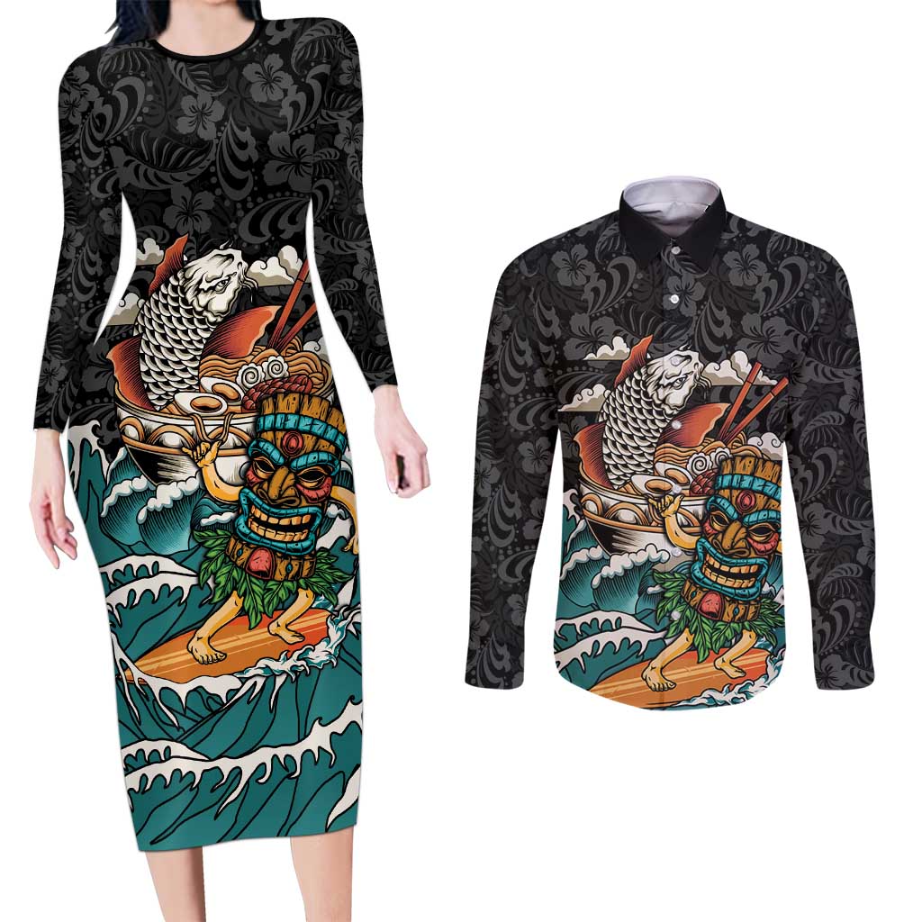 Personalized Japanese Koi Fish Ramen Couples Matching Long Sleeve Bodycon Dress and Long Sleeve Button Shirt Tiki Surfing Wagara Hibiscus Pattern LT9 Black - Polynesian Pride