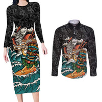 Personalized Japanese Koi Fish Ramen Couples Matching Long Sleeve Bodycon Dress and Long Sleeve Button Shirt Tiki Surfing Wagara Hibiscus Pattern LT9 Black - Polynesian Pride