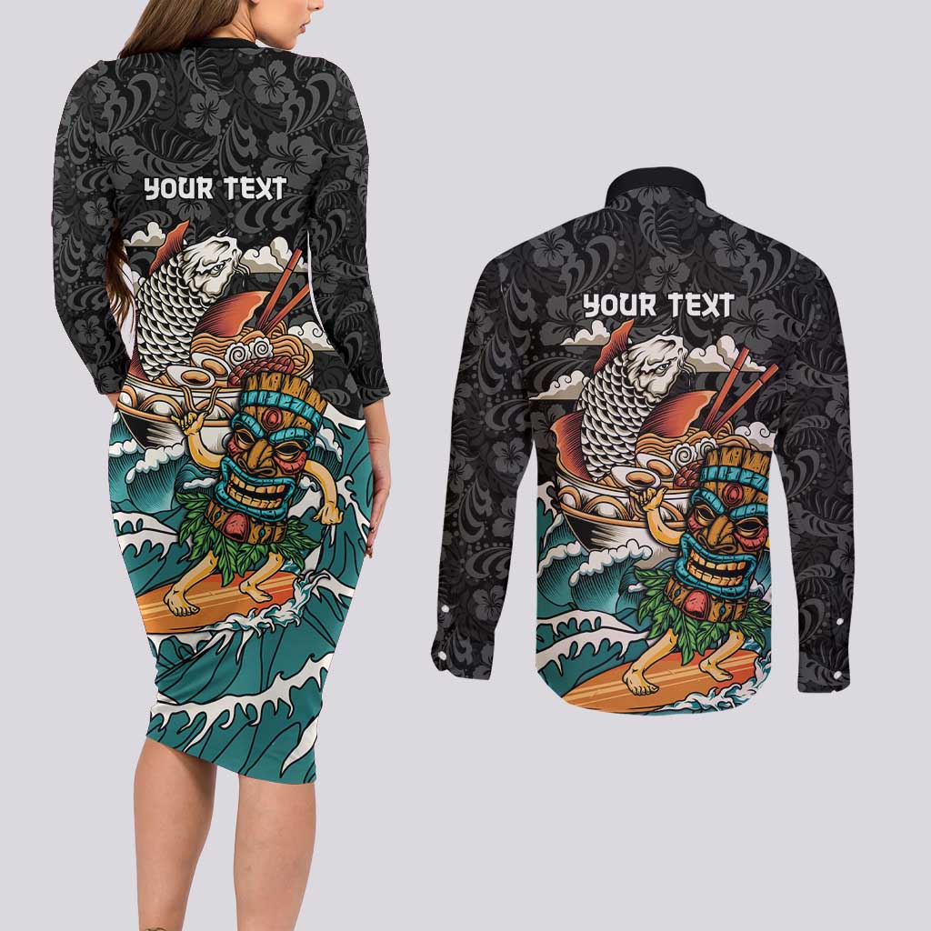 Personalized Japanese Koi Fish Ramen Couples Matching Long Sleeve Bodycon Dress and Long Sleeve Button Shirt Tiki Surfing Wagara Hibiscus Pattern LT9 - Polynesian Pride