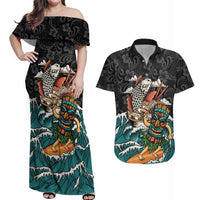Personalized Japanese Koi Fish Ramen Couples Matching Off Shoulder Maxi Dress and Hawaiian Shirt Tiki Surfing Wagara Hibiscus Pattern