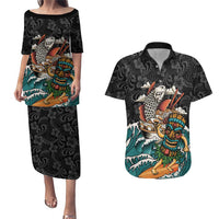 Personalized Japanese Koi Fish Ramen Couples Matching Puletasi and Hawaiian Shirt Tiki Surfing Wagara Hibiscus Pattern
