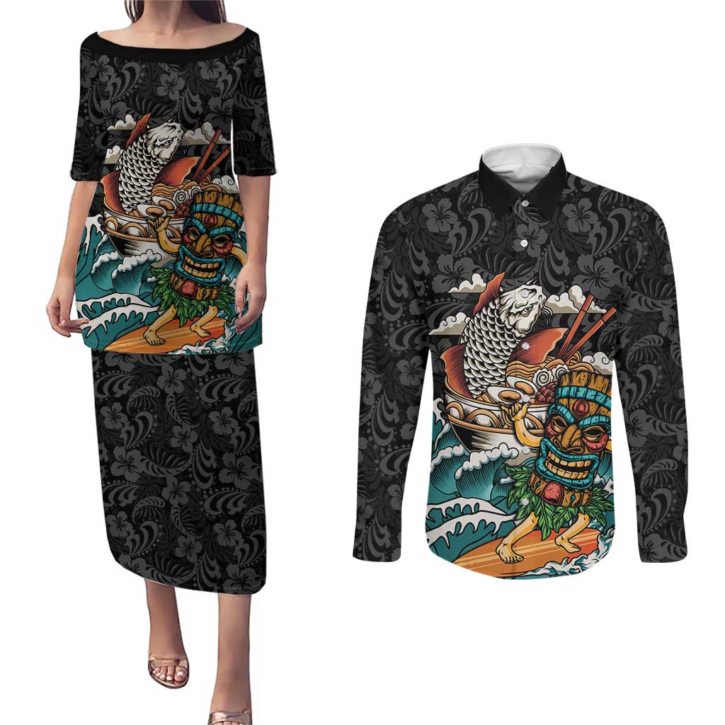 Personalized Japanese Koi Fish Ramen Couples Matching Puletasi and Long Sleeve Button Shirt Tiki Surfing Wagara Hibiscus Pattern