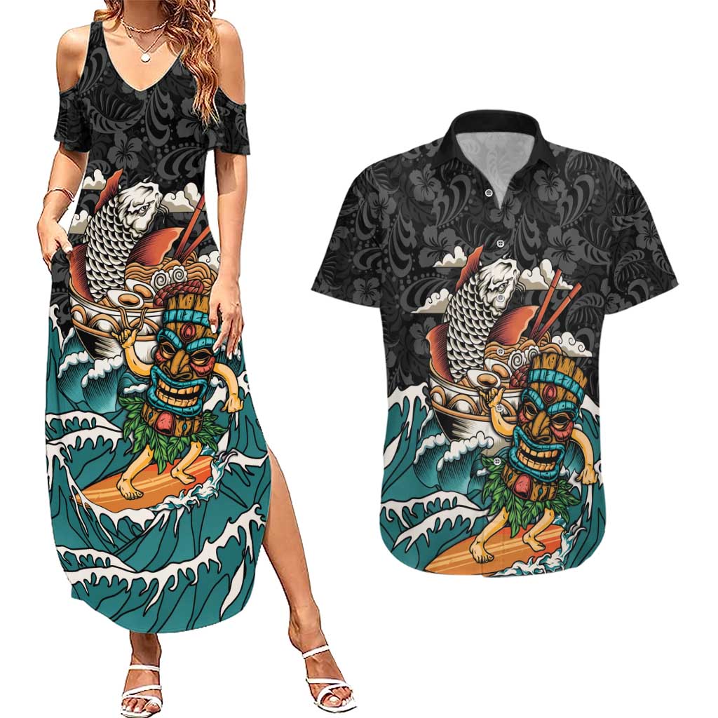 Personalized Japanese Koi Fish Ramen Couples Matching Summer Maxi Dress and Hawaiian Shirt Tiki Surfing Wagara Hibiscus Pattern LT9 Black - Polynesian Pride