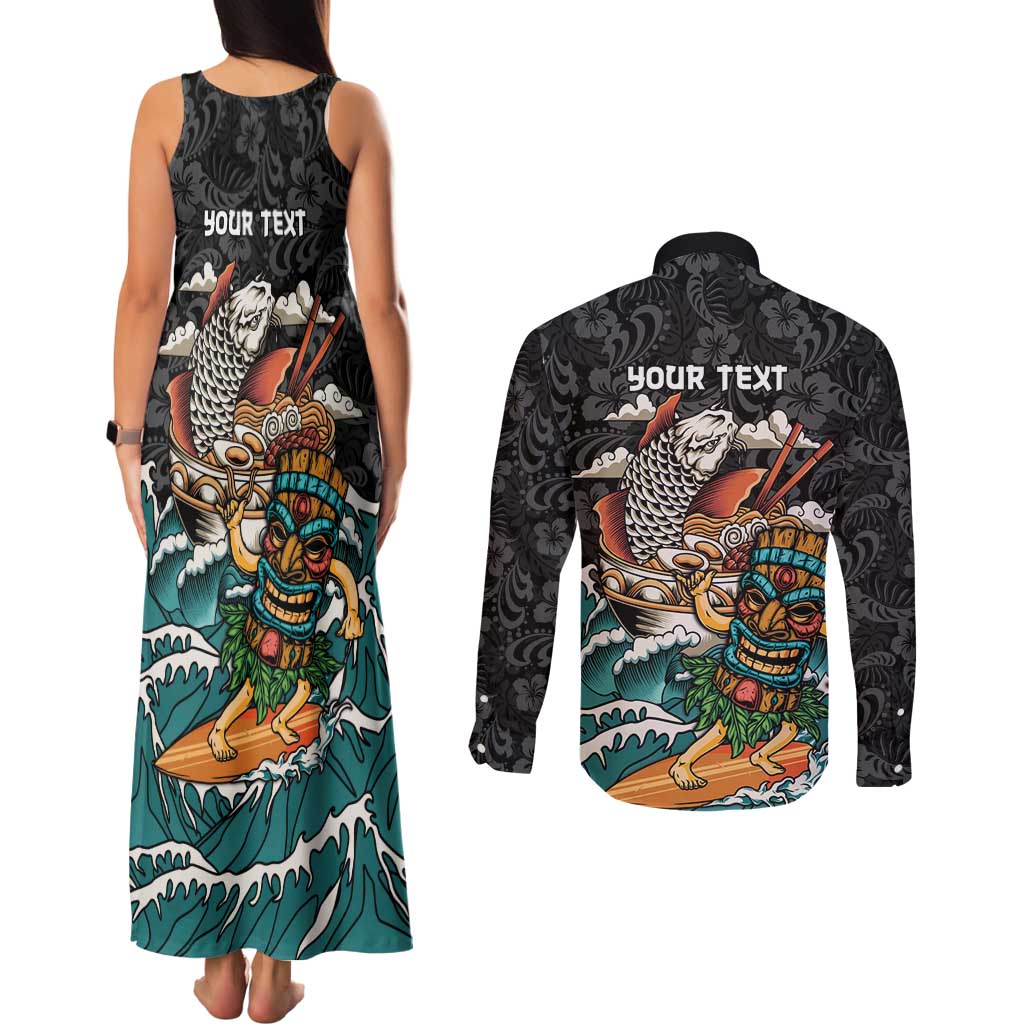 Personalized Japanese Koi Fish Ramen Couples Matching Tank Maxi Dress and Long Sleeve Button Shirt Tiki Surfing Wagara Hibiscus Pattern