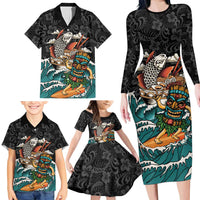 Personalized Japanese Koi Fish Ramen Family Matching Long Sleeve Bodycon Dress and Hawaiian Shirt Tiki Surfing Wagara Hibiscus Pattern