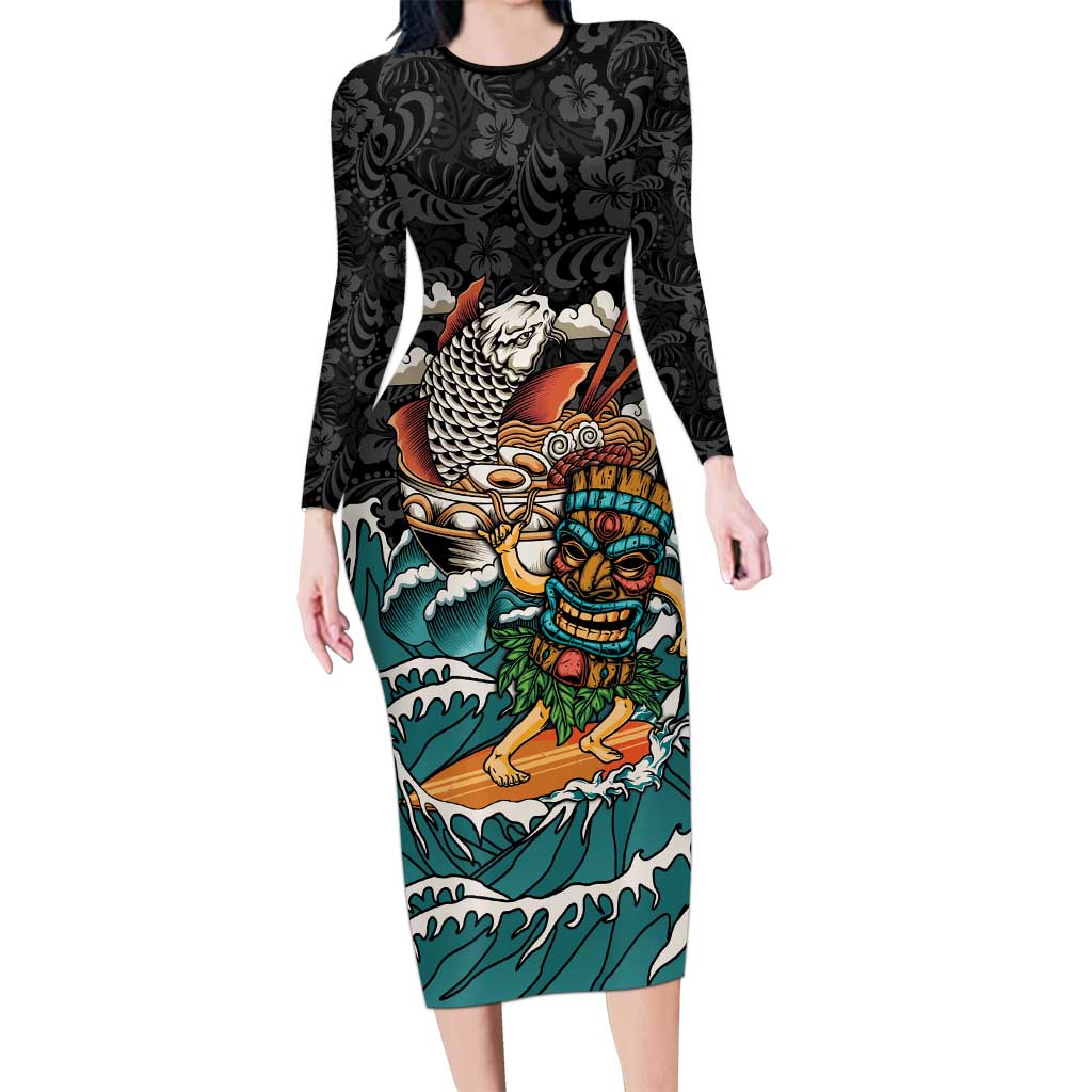 Personalized Japanese Koi Fish Ramen Family Matching Long Sleeve Bodycon Dress and Hawaiian Shirt Tiki Surfing Wagara Hibiscus Pattern