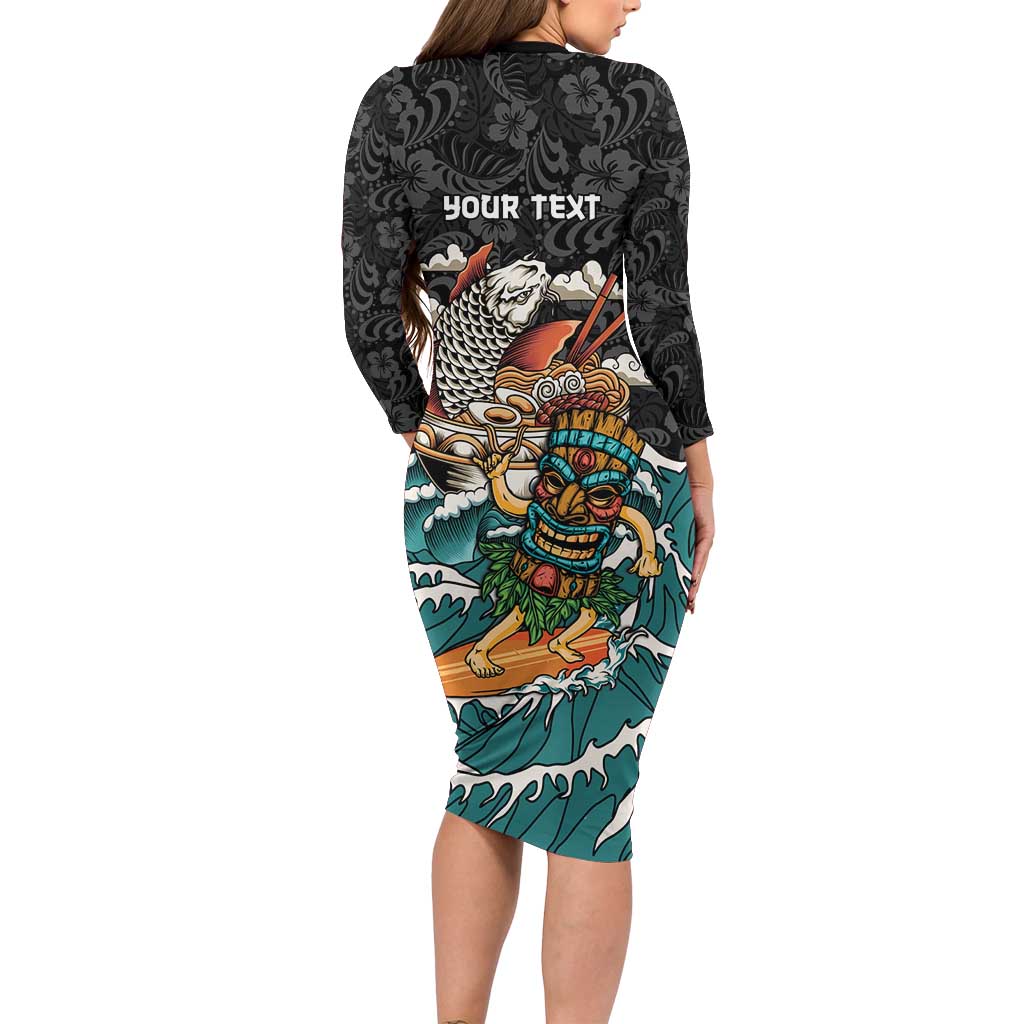 Personalized Japanese Koi Fish Ramen Family Matching Long Sleeve Bodycon Dress and Hawaiian Shirt Tiki Surfing Wagara Hibiscus Pattern
