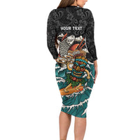Personalized Japanese Koi Fish Ramen Family Matching Long Sleeve Bodycon Dress and Hawaiian Shirt Tiki Surfing Wagara Hibiscus Pattern