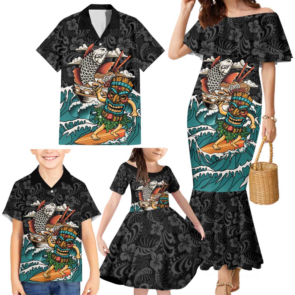 Personalized Japanese Koi Fish Ramen Family Matching Mermaid Dress and Hawaiian Shirt Tiki Surfing Wagara Hibiscus Pattern