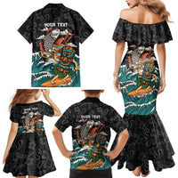 Personalized Japanese Koi Fish Ramen Family Matching Mermaid Dress and Hawaiian Shirt Tiki Surfing Wagara Hibiscus Pattern