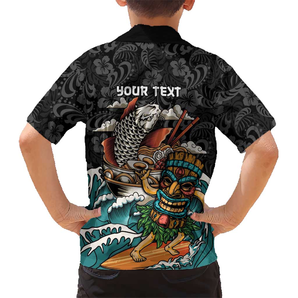 Personalized Japanese Koi Fish Ramen Family Matching Off The Shoulder Long Sleeve Dress and Hawaiian Shirt Tiki Surfing Wagara Hibiscus Pattern