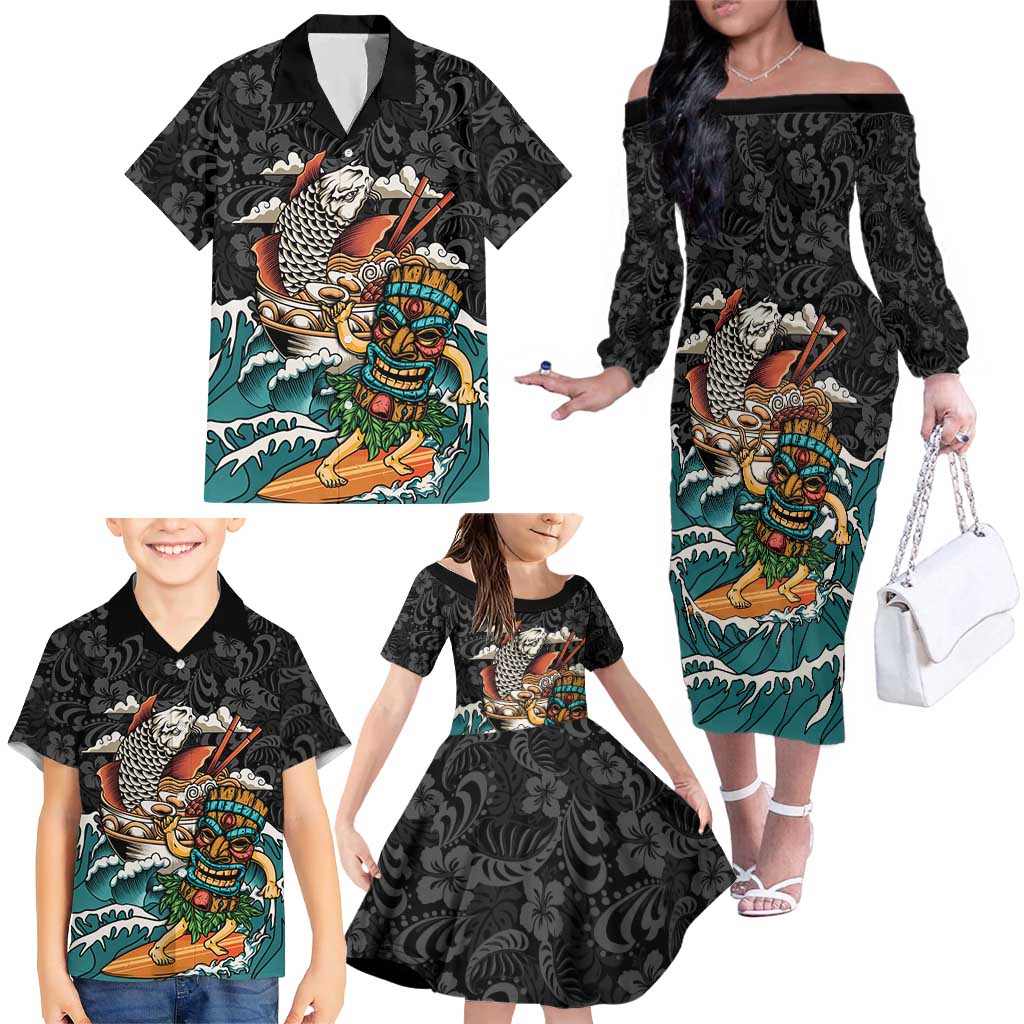 Personalized Japanese Koi Fish Ramen Family Matching Off The Shoulder Long Sleeve Dress and Hawaiian Shirt Tiki Surfing Wagara Hibiscus Pattern
