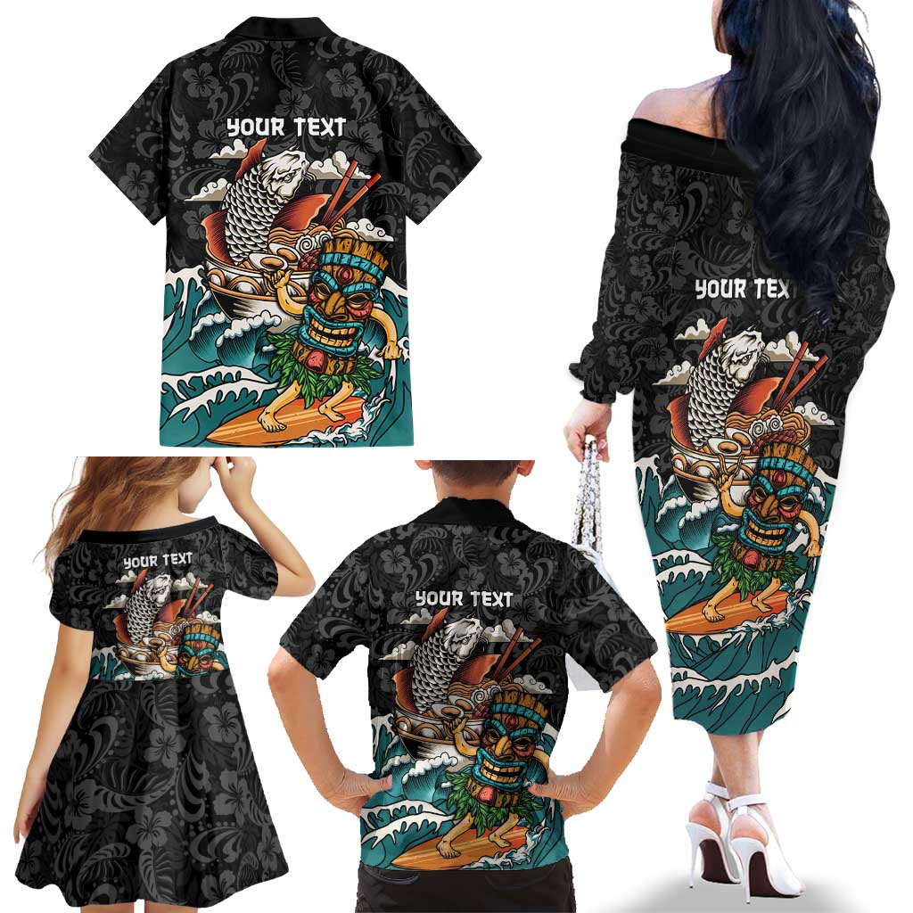Personalized Japanese Koi Fish Ramen Family Matching Off The Shoulder Long Sleeve Dress and Hawaiian Shirt Tiki Surfing Wagara Hibiscus Pattern