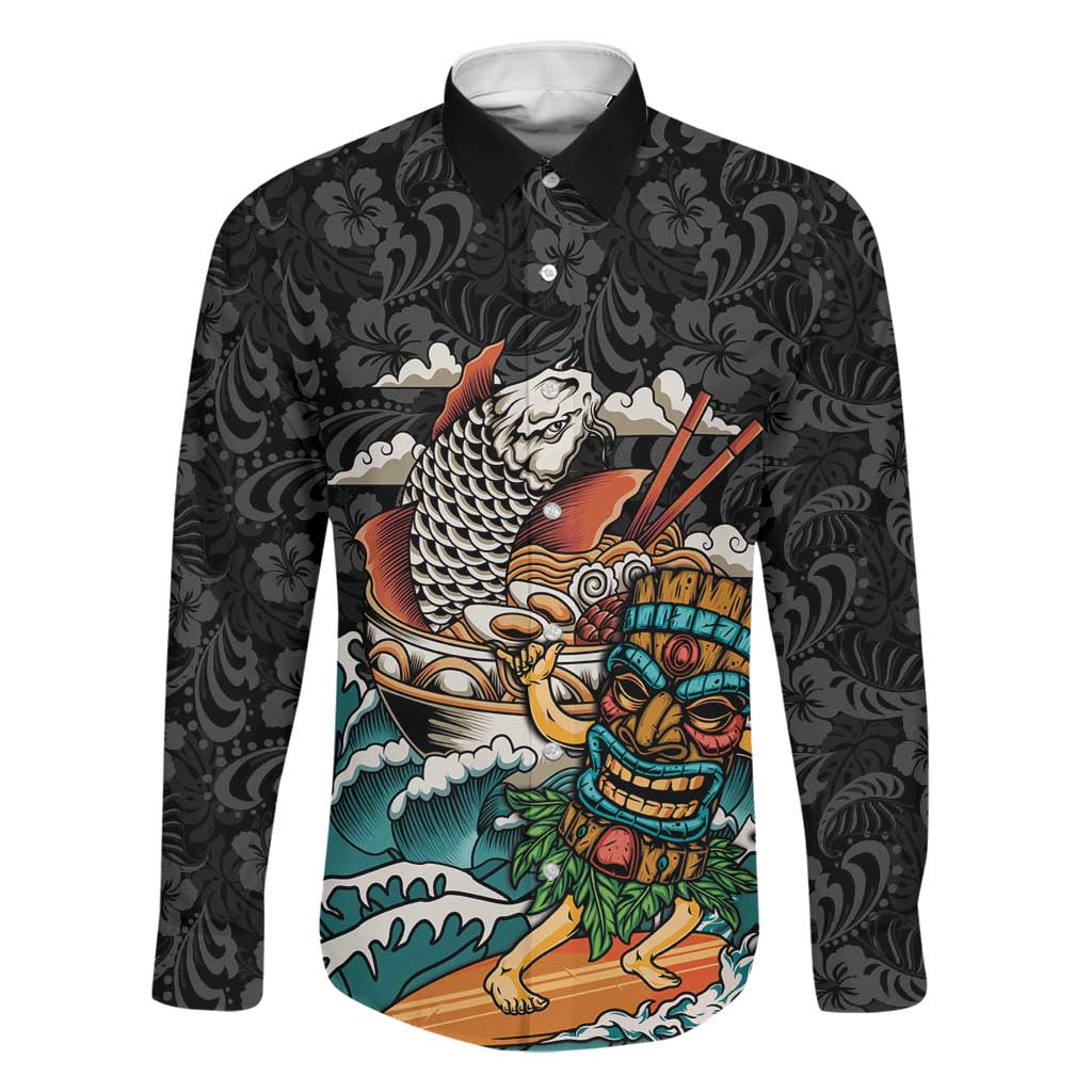 Personalized Japanese Koi Fish Ramen Family Matching Off The Shoulder Long Sleeve Dress and Hawaiian Shirt Tiki Surfing Wagara Hibiscus Pattern
