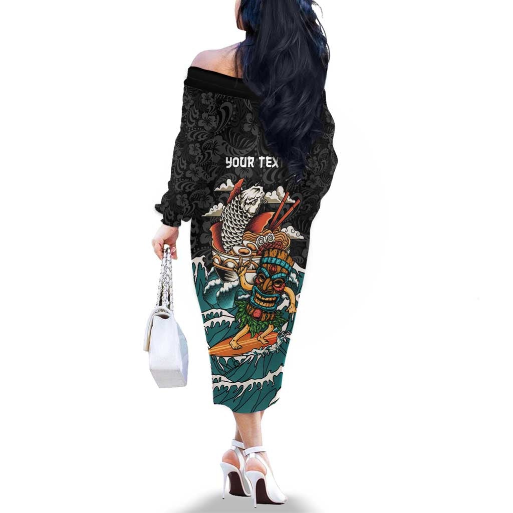 Personalized Japanese Koi Fish Ramen Family Matching Off The Shoulder Long Sleeve Dress and Hawaiian Shirt Tiki Surfing Wagara Hibiscus Pattern