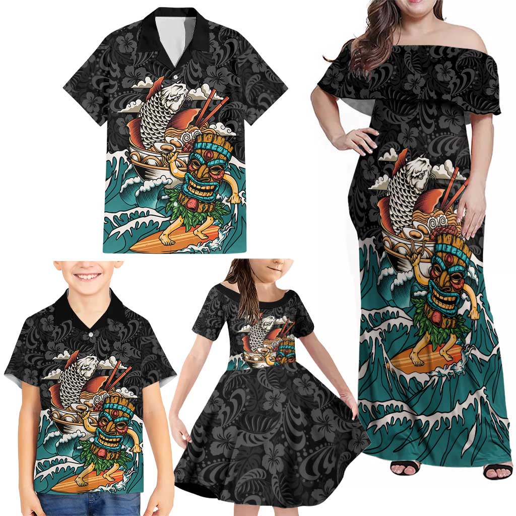 Personalized Japanese Koi Fish Ramen Family Matching Off Shoulder Maxi Dress and Hawaiian Shirt Tiki Surfing Wagara Hibiscus Pattern