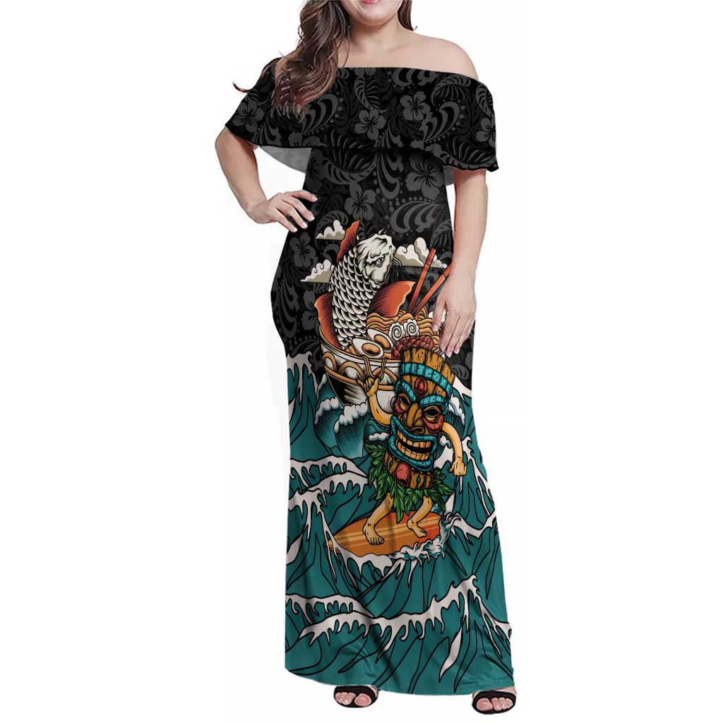 Personalized Japanese Koi Fish Ramen Family Matching Off Shoulder Maxi Dress and Hawaiian Shirt Tiki Surfing Wagara Hibiscus Pattern