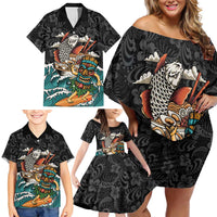 Personalized Japanese Koi Fish Ramen Family Matching Off Shoulder Short Dress and Hawaiian Shirt Tiki Surfing Wagara Hibiscus Pattern