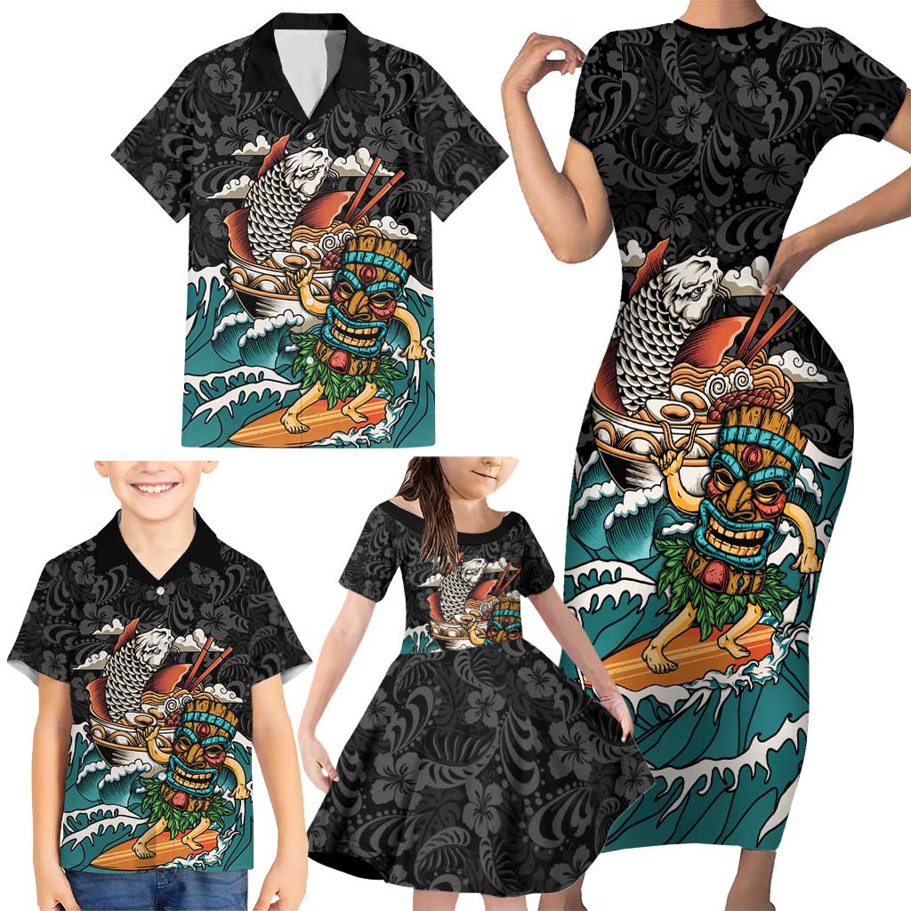 Personalized Japanese Koi Fish Ramen Family Matching Short Sleeve Bodycon Dress and Hawaiian Shirt Tiki Surfing Wagara Hibiscus Pattern