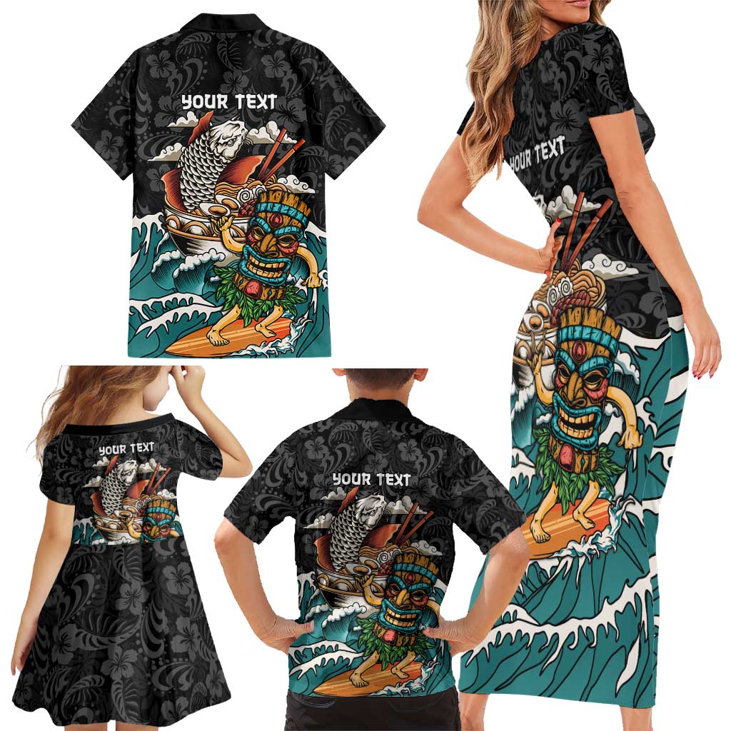Personalized Japanese Koi Fish Ramen Family Matching Short Sleeve Bodycon Dress and Hawaiian Shirt Tiki Surfing Wagara Hibiscus Pattern
