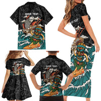 Personalized Japanese Koi Fish Ramen Family Matching Short Sleeve Bodycon Dress and Hawaiian Shirt Tiki Surfing Wagara Hibiscus Pattern
