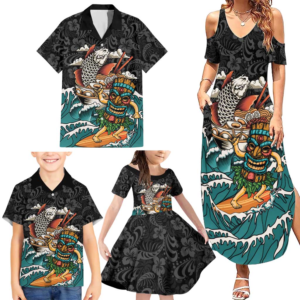 Personalized Japanese Koi Fish Ramen Family Matching Summer Maxi Dress and Hawaiian Shirt Tiki Surfing Wagara Hibiscus Pattern
