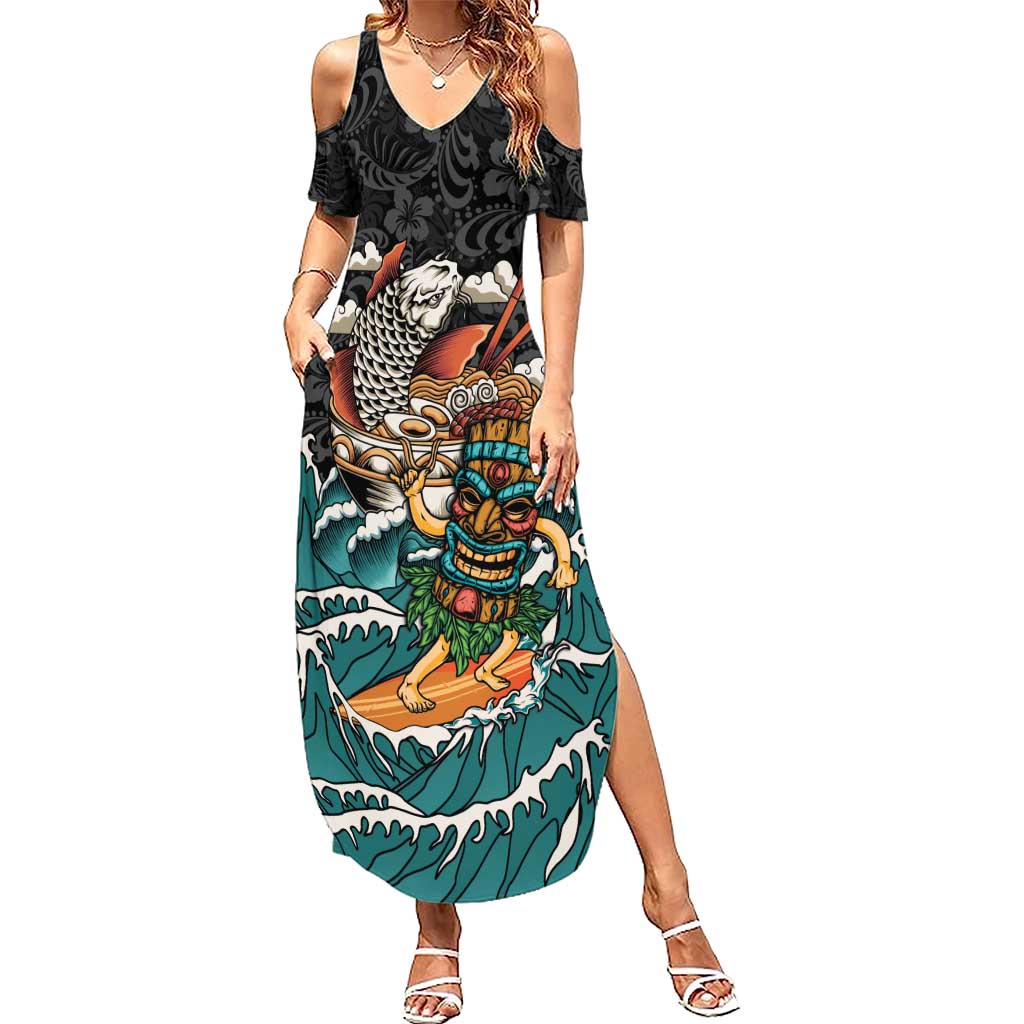 Personalized Japanese Koi Fish Ramen Family Matching Summer Maxi Dress and Hawaiian Shirt Tiki Surfing Wagara Hibiscus Pattern