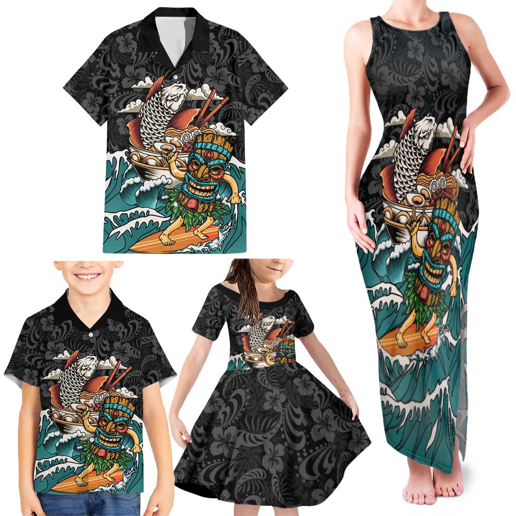 Personalized Japanese Koi Fish Ramen Family Matching Tank Maxi Dress and Hawaiian Shirt Tiki Surfing Wagara Hibiscus Pattern