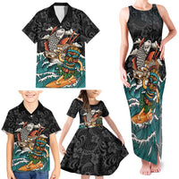 Personalized Japanese Koi Fish Ramen Family Matching Tank Maxi Dress and Hawaiian Shirt Tiki Surfing Wagara Hibiscus Pattern