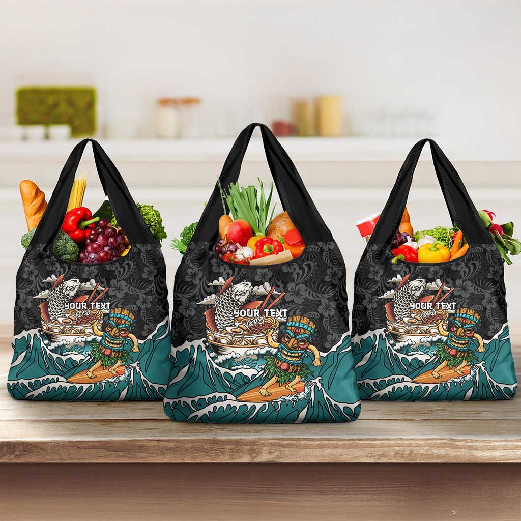 Personalized Japanese Koi Fish Ramen Grocery Bag Tiki Surfing Wagara Hibiscus Pattern