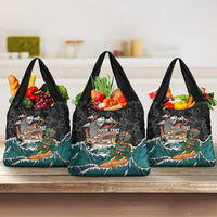 Personalized Japanese Koi Fish Ramen Grocery Bag Tiki Surfing Wagara Hibiscus Pattern
