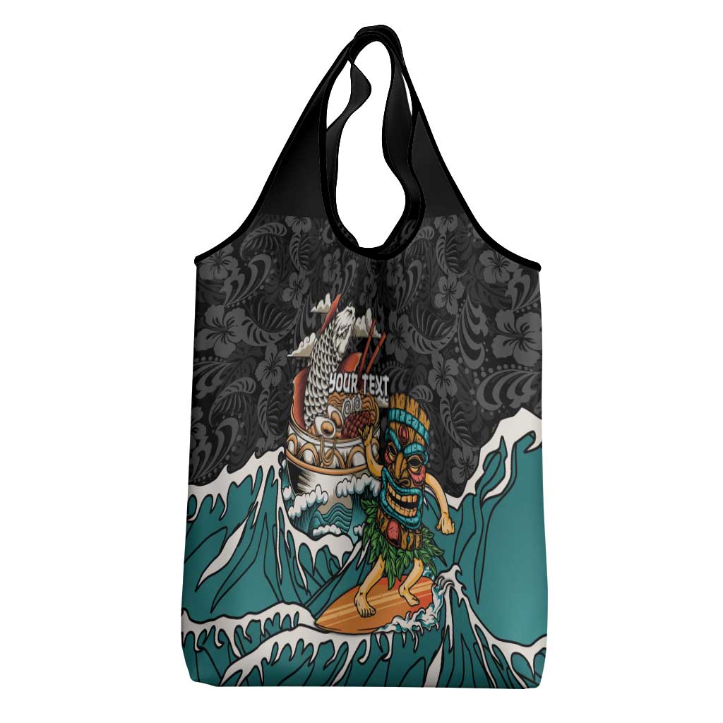 Personalized Japanese Koi Fish Ramen Grocery Bag Tiki Surfing Wagara Hibiscus Pattern
