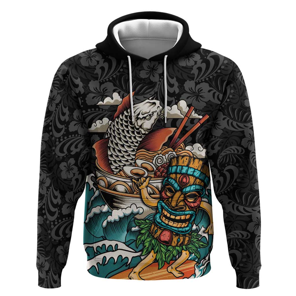 Personalized Japanese Koi Fish Ramen Hoodie Tiki Surfing Wagara Hibiscus Pattern LT9 Pullover Hoodie Black - Polynesian Pride
